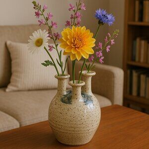 Unique Triple Neck Design Vase Studio Pottery Signed Home Decor Accent